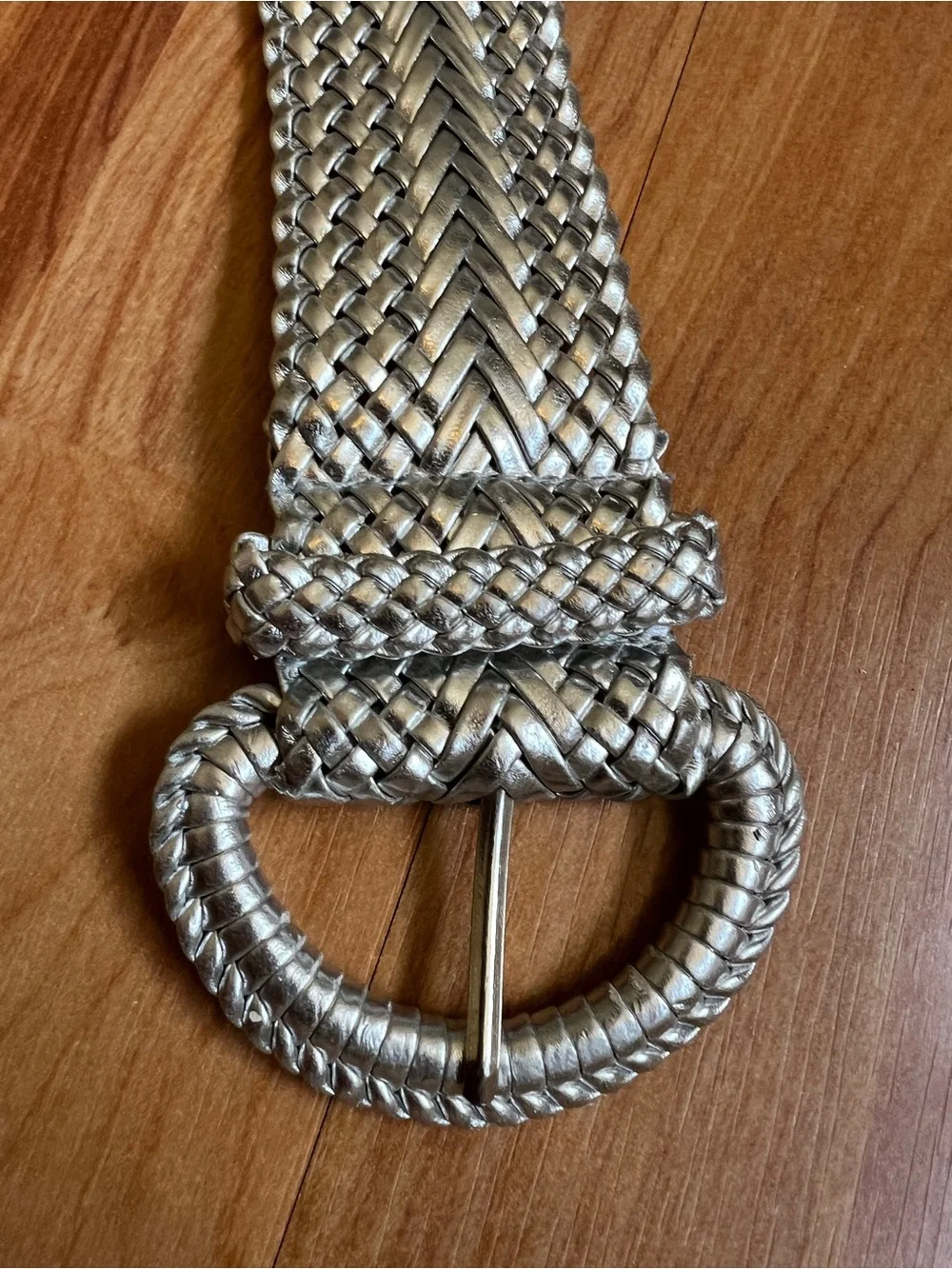 VGUC Woven Metallic Silver Belt with Covered Round Buckle 42” length